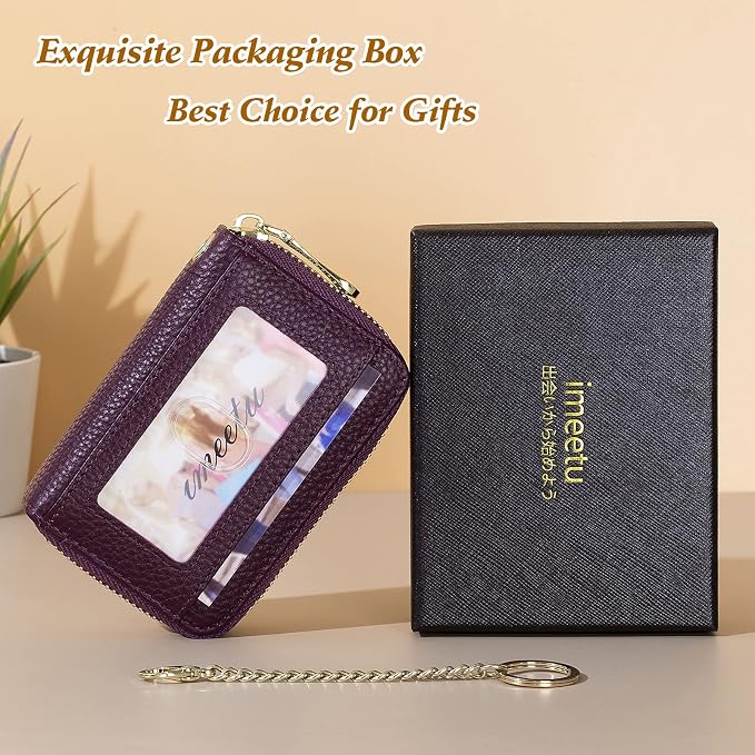 imeetu Rfid Credit Card Holder, Businese Card Case, Wallet for Women Men | Genuine Leather Card Wallet with id Window, Keychain & Double Zipper, Water-resistan Small Wallet with Gift Box, Daily Travel - Image 7