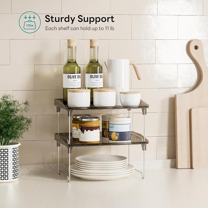 STARLATTA 2 Pcs Cabinet Organizer Shelf，Stackable Kitchen Counter Shelves, Spice Rack,Countertop Organizers，Black Plastic Storage Shelves Rack for Makeup，Bathroom, Cupboard，Desk，Pantry Organization - Image 5