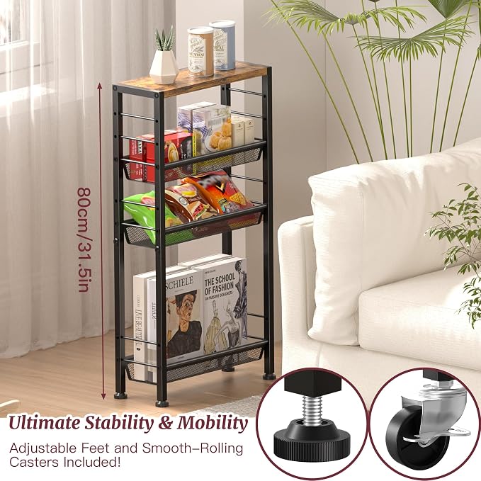 Slim Rolling Cart, 4-Tier Narrow Kitchen Storage Cart, Slim Utility Cart on Wheel, Skinny Bathroom storage cart with Wood Tabletop, 6.0" Deep, For Kitchen, Dining Room, Living Room, Laundry Room - Image 8