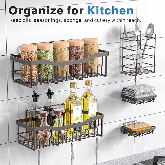 5-Pack Shower Caddy, No Drill Adhesive Shower Organizer, Rustproof Stainless Steel Bathroom Organizer, Space-Saving Bathroom Shelves for Apartment Essentials, Kitchen Storage Home Decorr-Larger - Image 6