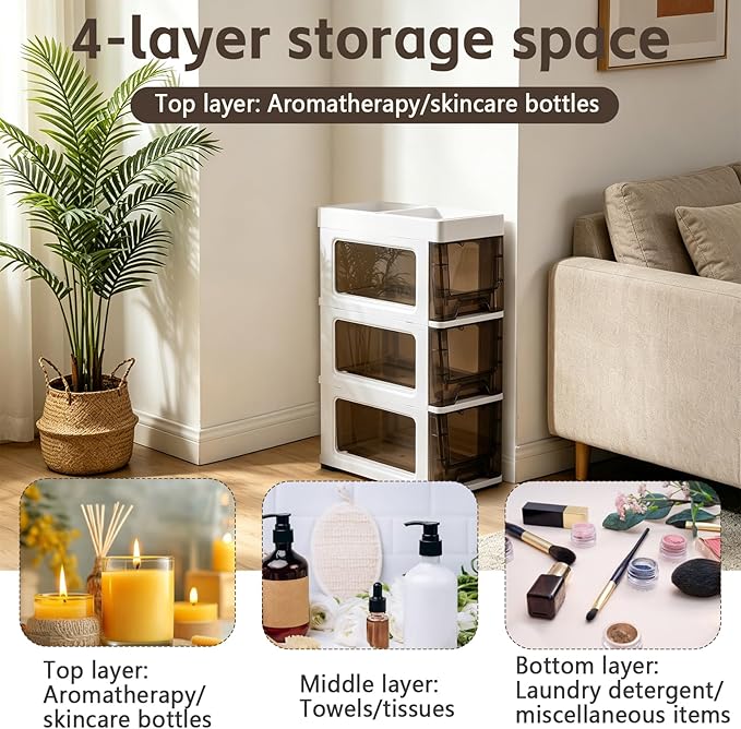 3 Drawer Storage Organizer, Narrow Slim Plastic Storage Drawer Cart with 4 Wheels, 3 Tier Space Saving Storage Tower Box, Narrow Storage Cart for Small Space Bedroom Bathroom Kitchen Pantry Office - Image 7