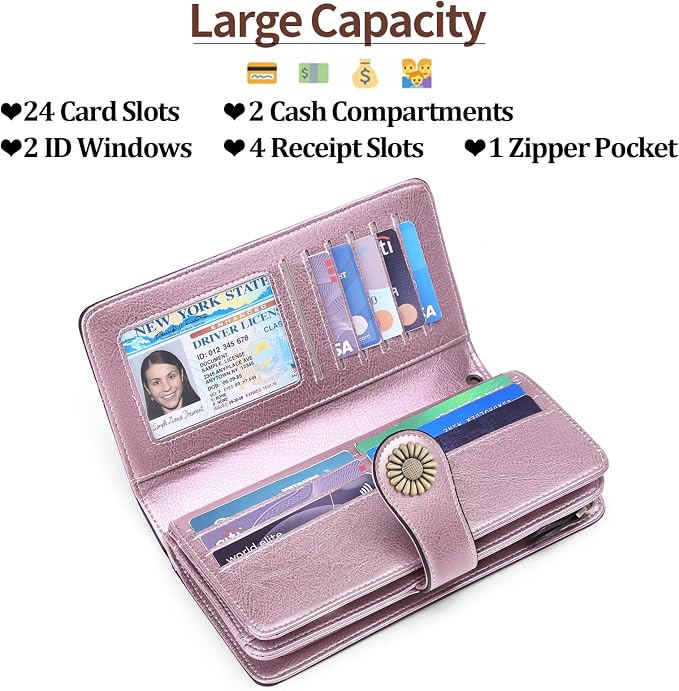 SENDEFN Wallets for Women Leather Credit Card Holder with RFID Blocking Large Capacity Wristlet | with RFID Blocking - Image 4