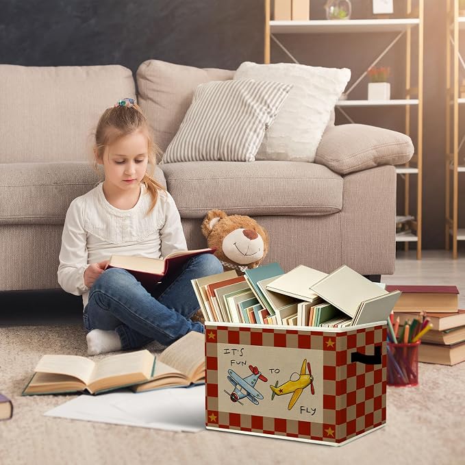 Rustic It's Fun To Fly Airplane Storage Bins Boxes with Handles | toys books clothes, red checkered nursery foldable basket for organizing bedroom toddler room playroom - Image 5