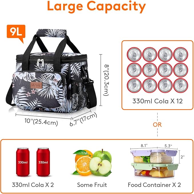 Lifewit Medium Lunch Bag, Insulated Lunch Box, Soft Cooler Cooling Tote for Adult Men Women, Flower 12-Can (9L) - Image 4