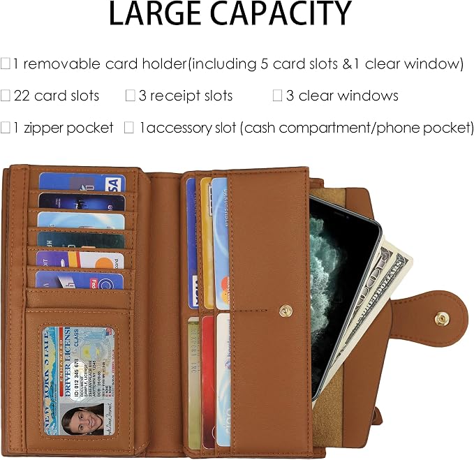 Travelambo Women's Wallet RFID Blocking Trifold Clutch Large Capacity Credit Card Holder Travel Purse - Image 2