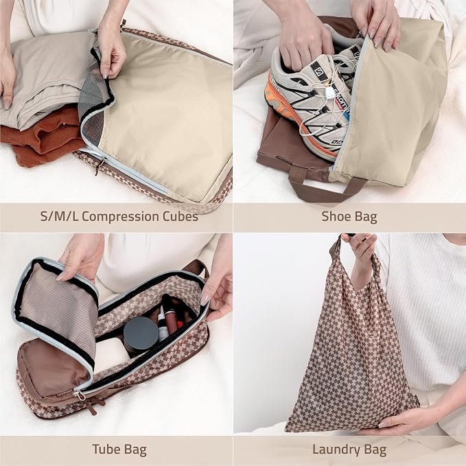 Oriday Set of 8 compression packing cubes for travel accessories- Expandable bags for clothing, toiletry, backpacks, organizing essentials (Beige) - Image 4
