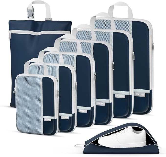 Percover Compression Packing Cubes for Travel, 8-Piece Structured Compression Organizer Set with Laundry Bag & Shoe Bag for Carry-On & Checked Luggage, Navy Blue by Unknown
