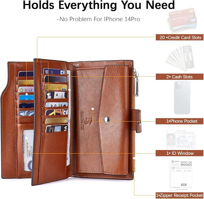 BOSTANTEN Womens Leather Wallet RFID Large Capacity Credit Card Holder | 20 Card Slots, Phone Holder, Zipper Coin Pocket, Clutch Wallet, Long Bifold, Ladies Gifts, Brown Orange - Image 2
