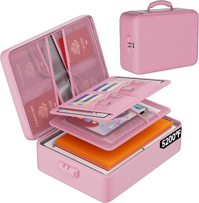 DocSafe 5200°F Fireproof Document Organizer Box with Lock, Pink (Soft) | Heat Insulated 8 Layers File Protection Bag,Water-Resistant Zipper,Portable Home Office Travel Safe Storage for Files,Laptop by DocSafe