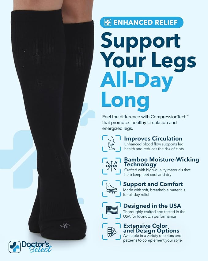 Doctor's Select® Bamboo Viscose Light Compression Socks for Women & Men - 3 Pairs, 8-15 mmHg Compression Socks, Knee High - Image 2