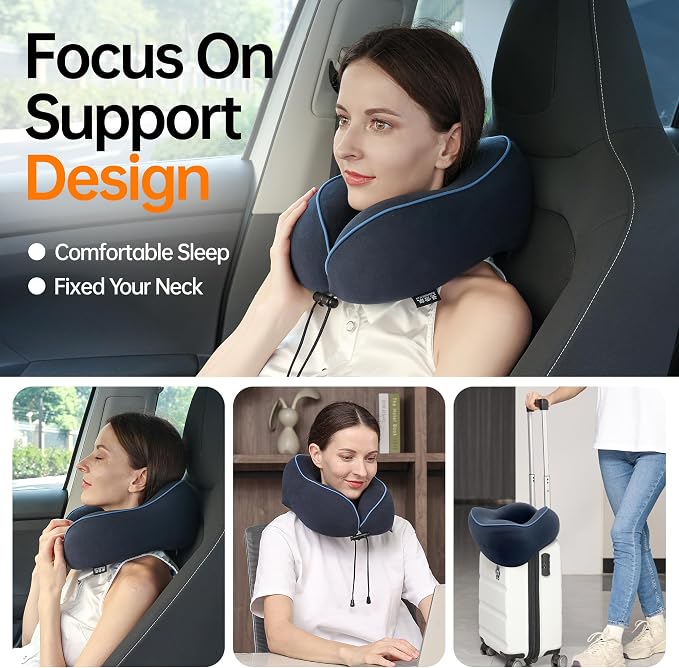 Travel Neck Pillow,100% Pure Memory Foam,Soft Head Support | Washable Cotton Cover,Comes with 3D Eye Mask,Earplugs,Storage Bag,Ideal Travel Gift - Image 3