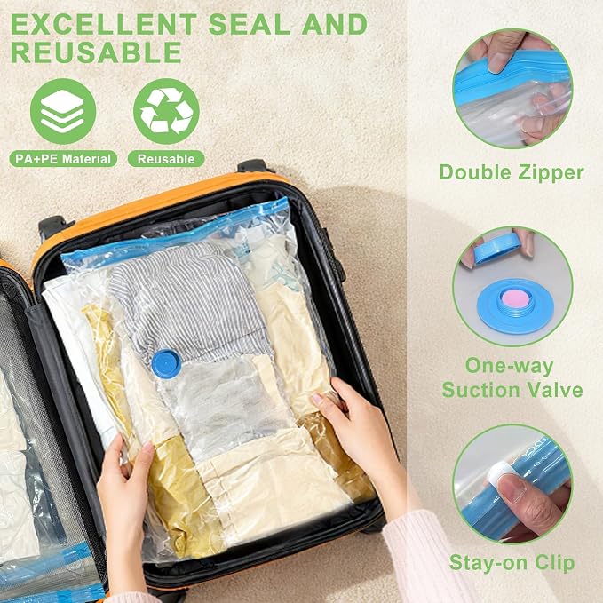 15 Pack Vacuum Seal Bags for Clothing Travel with -60000Pa USB Pump, Save 80% of Space for Clothes (15 Combo) - Image 3