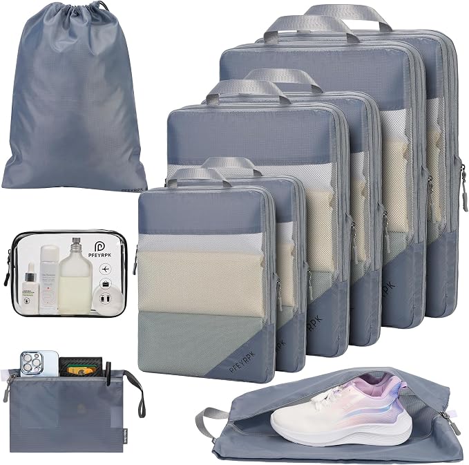 PFEYRPK Lightweight Compression Packing Cubes for Suitcases, Compressible Expandable Travel Packing Organizer with Clear Toiletries and Backpack Bag, Travel Essentials for Carry on Luggage 7 Set by PFEYRPK