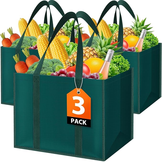 WISELIFE Reusable Grocery Bags, Foldable, Lasting Use, 35L, 3 Pack, Green | Large Shopping Bags with Reinforced Stitching, Water-Resistant Grocery Totes for Kitchen, Market, Car Trunk, Picnic by WiseLife