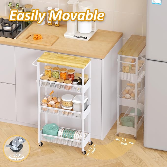 Vincona 7.1" Wide Slim Storage Cart on Wheels, 4 Tier Metal Narrow Rolling Cart with Handle and Wood Top, Multifunctional Small Mobile Shelf Unit Organizer Trolley for Laundry, Bathroom, Kitchen - Image 3