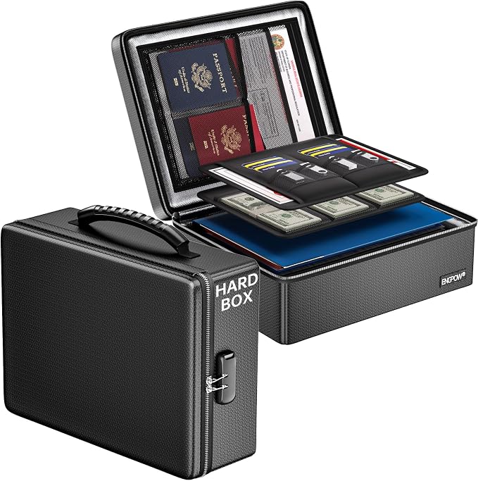 ENGPOW Fireproof Document Box with Lock & Heat-Resistant Fireproof Zipper | 6400°F 12-Layer Fire Protection,Hard Case File Organizer with Multi-Pocket,Portable Home Safe Storage for Money,Jewelry by ENGPOW