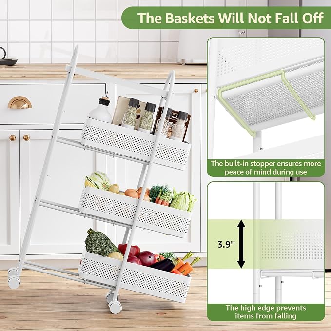 KINGRACK 4 Tier Slim Rolling Cart with Drawer, Metal Utility Storage Cart | 3 Pull-out Baskets, Lockable Wheels, Narrow Space Trolley Organizer for Bathroom, Kitchen, Office, Dorm, Laundry Room, White - Image 5