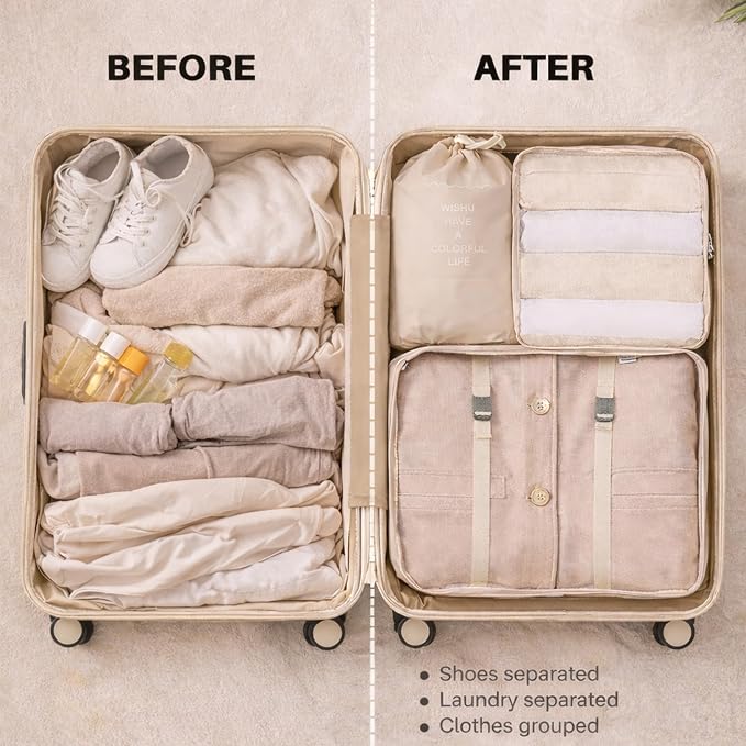 7 Set Packing Cubes For Travel | Luggage Organizer Bags With Shoe, Laundry Bag, Accessory Pouch And Lingerie Bag | Durable And Space Saving Suitcase Organizer For Travel Essentials | Beige - Image 5
