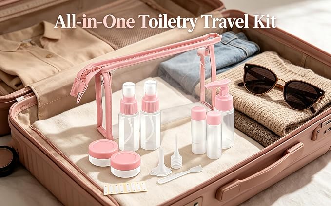 11-Pack Pink Travel Bottles Kit, TSA Approved Leak Proof Portable Toiletry Containers Set, Clear PET Flight Size Cosmetic Containers for Lotion, Shampoo, Cream, Soap - Image 3