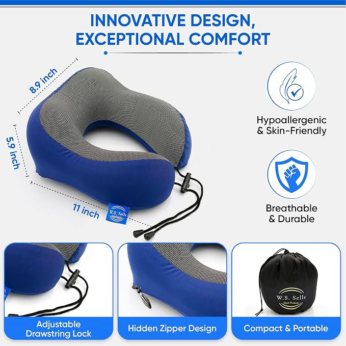 W.S. Sells Travel Neck Pillows for Airplanes - Pure Memory Foam with Ergonomic Design & Breathable Fabric - Travel Pillows for Airplanes & Cars - Set of Travel Essentials with Sleep Mask & Ear Plugs - Image 7