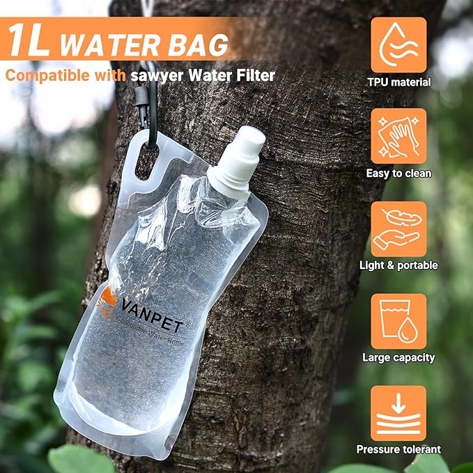 1L Hiking Collapsible Water Bottles, 33OZ BPA-Free Plastic Flasks, Reusable Drink Bags, Foldable Backpacking Water Bottle for Travel Camping Hiking (6-Pack) - Image 2