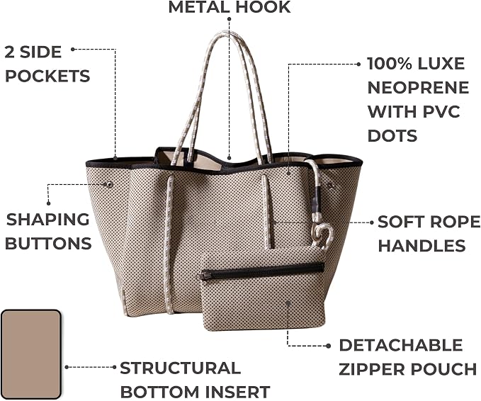 POPUPS Large Neoprene Tote Bag for Women - Everyday Designer Handbag for Travel Work and Beach with Pockets and Zipper Pouch - Image 4
