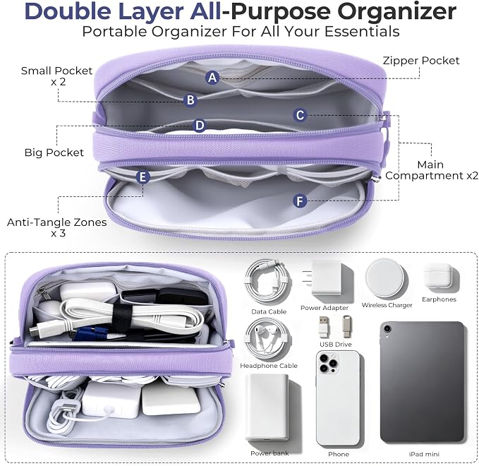Skycase Travel Cable Organizer - Lightweight Water Resistant Dual-Layer Tech Pouch with Wrist Strap 9 Compartments Electronic Organizer Travel Case for Charger Cord Hard Drive,Large,Purple - Image 2