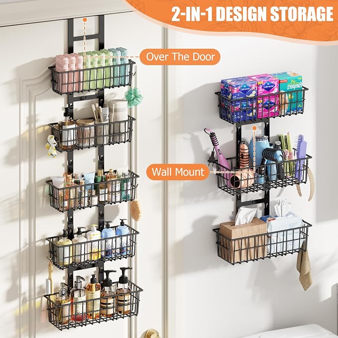 Hongtamoya 8 Tier Over The Door Organizer, Adjustable Hanging Door Organizer with 8 Wire Baskets 6 Hooks, Behind The Door Storage for Pantry Closet Bedroom Bathroom Cabinet Kitchen Laundry Room, Black - Image 4