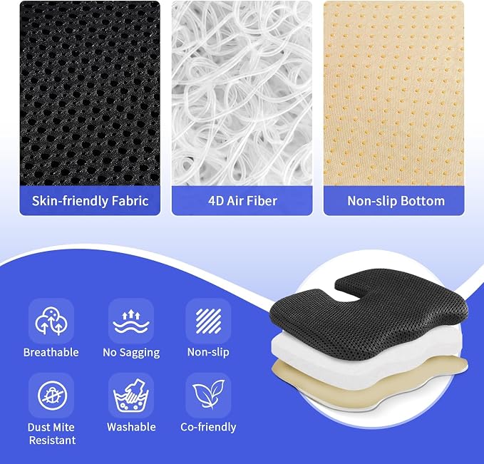Gooo&Ma Air Fiber Seat Cushion, U-Shape Tailbone Comfort, Black | Breathable cooling, ergonomic design, for office chair/car/gaming, washable, non-slip base, 19.7"x15.7"x1.6" - Image 2