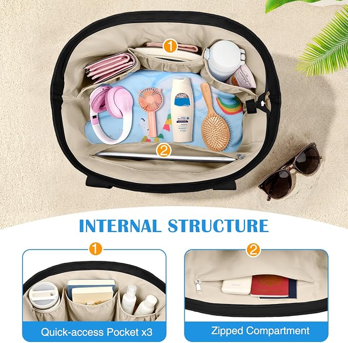 HUANLANG Large Beach Bags for Women Pool Bag with Zipper, Waterproof Sandproof Beach Tote Travel Bag with Wet Pocket - Image 4