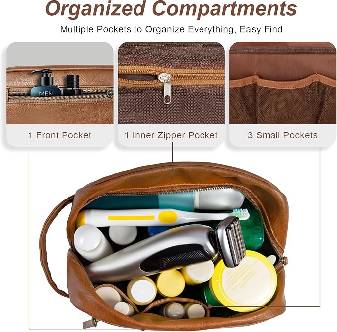 Travel Toiletry Bag for Men and Women, Travel Shaving Dopp Kit Water-resistant Bathroom Toiletries Organizer PU Leather Cosmetic Bags (Dark Brown) - Image 3
