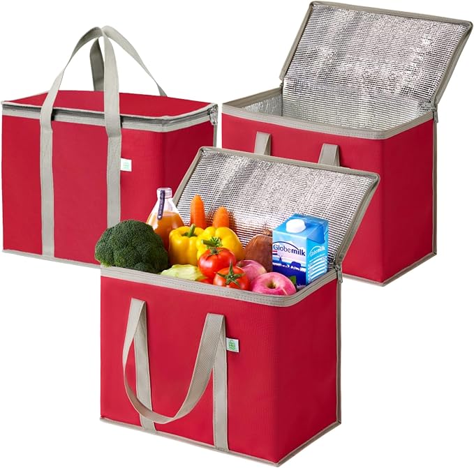VENO 3 Pack Cooler Bag Insulated Grocery Bags for Food Delivery Heavy Duty | Large Collapsible Cooler, Reusable Shopping Tote w/ Zippers, Foldable, Stands Upright, for Groceries Camping (Red, 3 Pack) by Veno