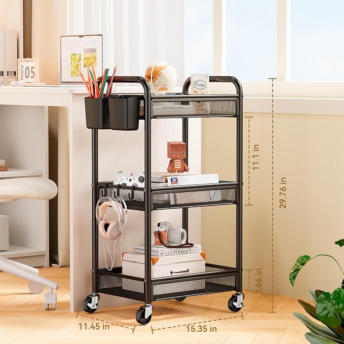 3 Tier Metal Rolling Cart, Black Utility Storage Cart with Wheels | Metal Mesh Craft Cart With Hooks & Hanging Cups, Ideal For Kitchen, Bathroom, Office, Dorm, Art Workspace, Bedside Storage - Image 6