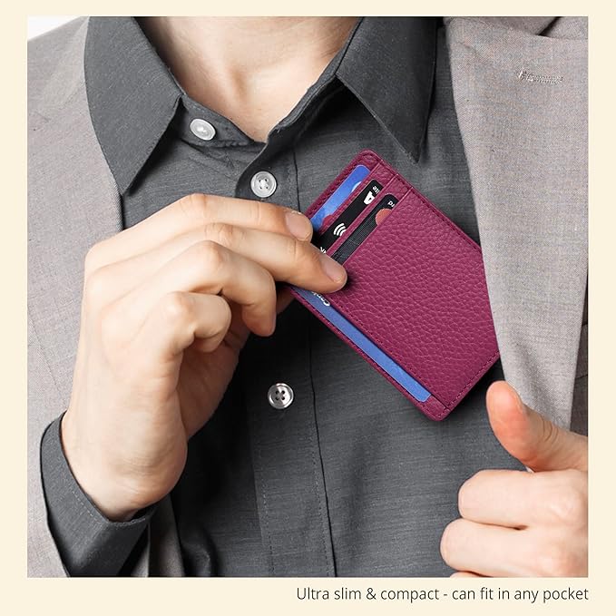 Slim Minimalist Leather RFID Front Pocket Card Holder Wallet, Dark Pink - Image 6