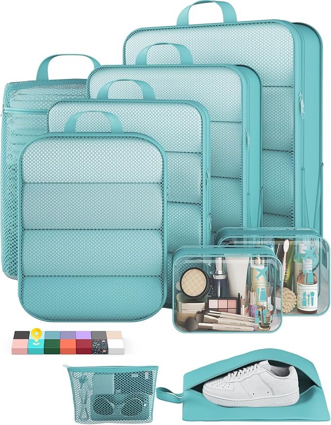 Veken 9/11 Set Compression Packing Cubes Garment Bags for Travel Essentials,Compressible Expandable Luggage Organizer Bags for Clothing,Space Saver Bags with Over 1000 pcs of Mesh Holes(Blue Green) by Veken
