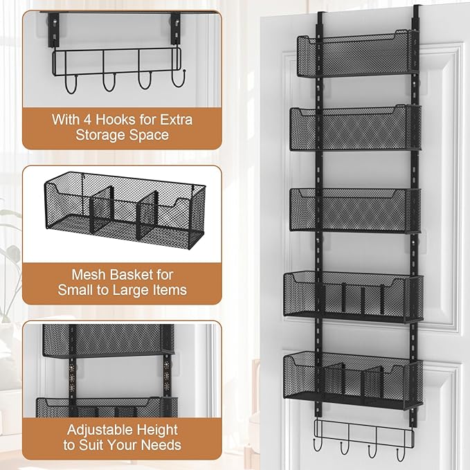 VyGrow Over The Door Organizer, Metal Door Organizer Hanging with 5 Adjustable Baskets and Coat Hook, Behind The Door Storage for Bedroom Closet Bathroom Pantry Cabinet Kitchen, Black - Image 5