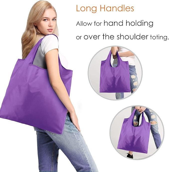 BeeGreen Purple Reusable Grocery Bags Wholesale Purple Reusable Kitchen Bags Bulk Foldable-Machine Washable with Zipper Storage Pouch 10 Packs - Image 2