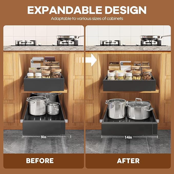 Seinloes 4 Pack Expandable Pull Out Cabinet Organizer 21" Deep with Raising Pad for Framed Cabinets,Upgrade 3 Slide Rails Slide Out Drawers,Roll Out Shelves Adhesive,Adjustable Width 9"-14.1" Black - Image 3