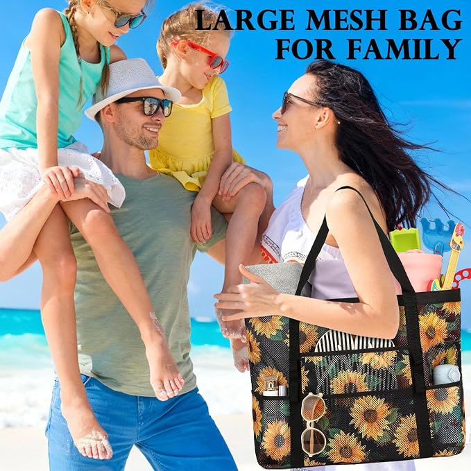 Fammart Mesh Beach Bag for Women, Large Beach Toy Pool Bag with Zipper Pocket, SandProof Cruise Essentials 2026 Family Travel - Image 8