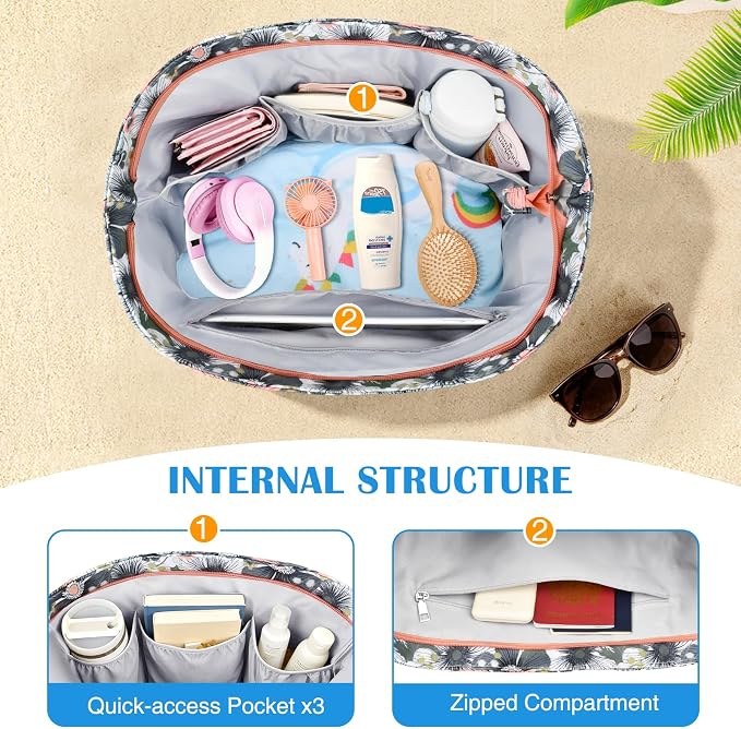 HUANLANG Large Beach Bags for Women Pool Bag with Zipper, Waterproof Sandproof Beach Tote Travel Bag with Wet Pocket - Image 6