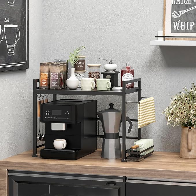 Expandable Microwave Stand Kitchen Countertop Organizer With Storage, Black | Adjustable Microwave Oven Rack Metal Storage Shelf for Pans Small Appliances Kitchen Utensils Tableware, 2-Tier - Image 5