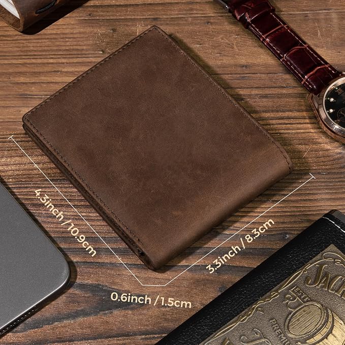RUNBOX Men's Full Grain Leather Bifold Wallet - Crazy Horse RFID Blocking Slim Wallet with 2 ID Windows, 12 Card Slots & Dual Cash Pockets, Gift for Men - Image 7