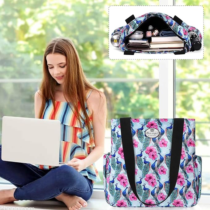 HUA ANGEL Floral Tote Bag - Casual Shoulder Bag Daily Tote Bag with Zipper Gym Travel Shopping Work Handbag for Women - Image 2