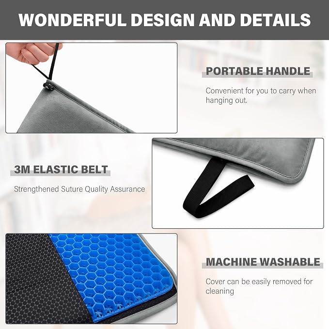 SPRING SEAON Large Gel Seat Cushion for Pressure Relief, Honeycomb Design | Extra-Thick Gel Filling, Honeycomb Design, Anti-Slip Bottom, Long-Sitting Comfort for Travel, Airplanes, Office & Cars - Image 7
