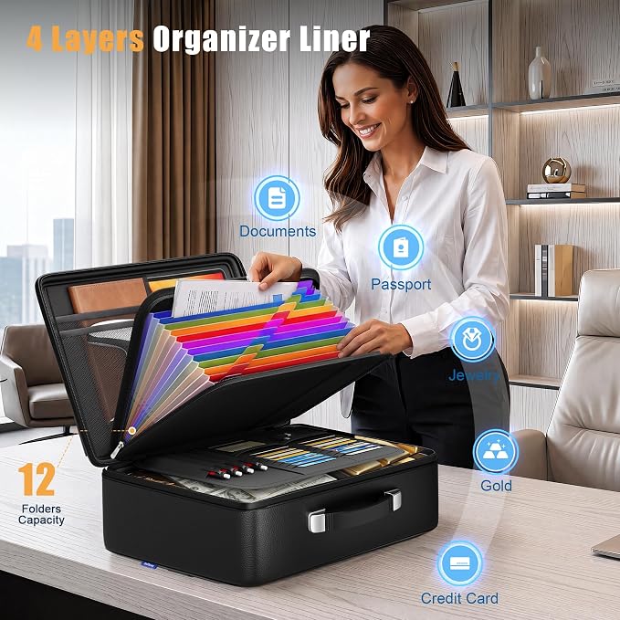 Fireproof Document Box, Hard Briefcase Fireproof Safe for Home Documents | Fire proof file box for documents, detachable accordion file organizer, waterproof digital document organiser briefcase - Image 6