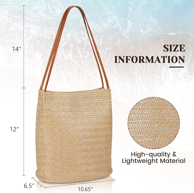 Tavaleu Straw Beach Bags for Women Tote Handbag Shoulder Hobo Bucket Bag | Lightweight, Foldable, PU Straps, Magnetic Closure, Zip Pocket, Reinforced Bottom, Summer Purse, Travel, Vacation, Daily Use - Image 4
