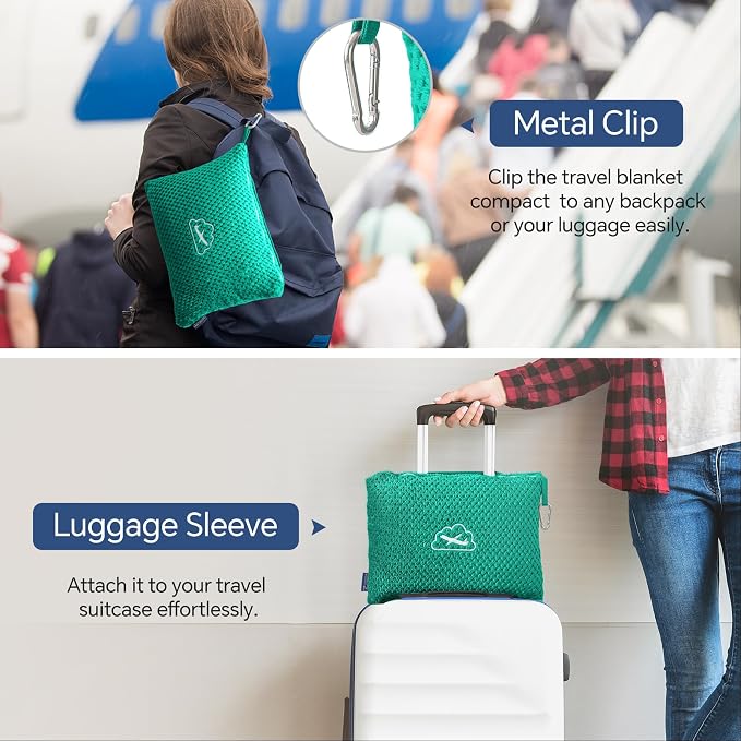 BEDELITE Travel Blanket with Bag, Jacquard Fleece Blanket 65"x40", Teal | Ultra-soft Airplane Blanket, Luggage Sleeve & Backpack Clip, Travel Essentials for Women, Foldable as Pillow for Long Flight - Image 5
