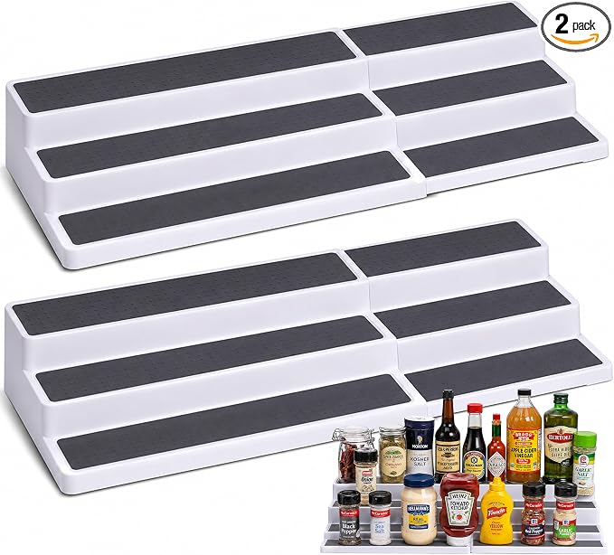 Oizeir Plastic 3-Tier Expandable Spice Rack, Adjustable Length, Stability with Non-Skid Shelf, For Easy Visibility, Organizer for Kitchen Cabinet, Pantry or Countertop, (2-Pack), White/Grey | Expandable Plastic Spice Rack Organizer, Adjustable Length 3... by Oizeir
