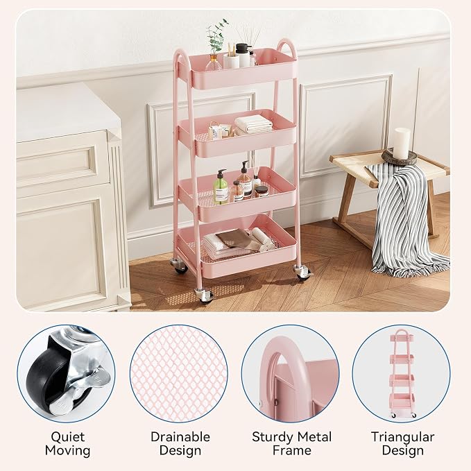 OLIXIS Metal 4 Tiers Rolling Storage Utility Cart with Lockable Wheels | Mobile Organizer Shelf, Space-Saving, Freestanding, Bathroom, Living Room, Slim, Narrow Corner Spaces, Pink - Image 2