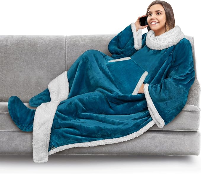 PAVILIA Sherpa Blanket with Sleeves, Foot Pocket for Women Men Adults, Thick Wearable Blanket Throw Wrap, Fleece Warm Snuggle Blanket Robe, Cozy Gift Ideas Wife Mom, Teal Blue by PAVILIA